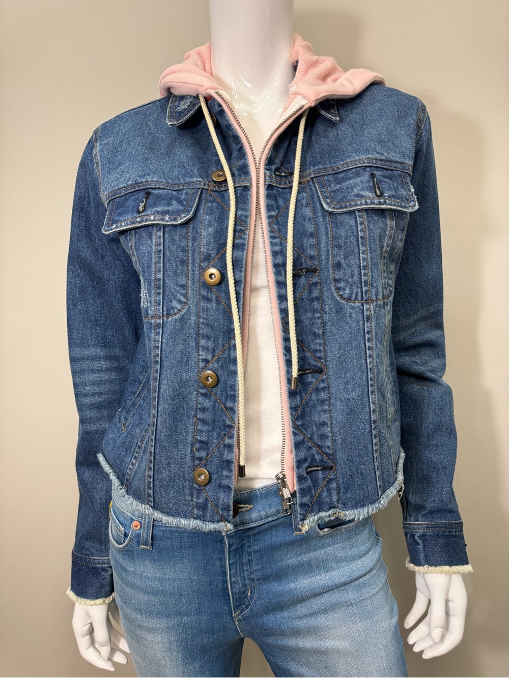 CENTRAL PARK WEST Blue Denim Jean Jacket Pink Hooded Layered Raw Hem XS